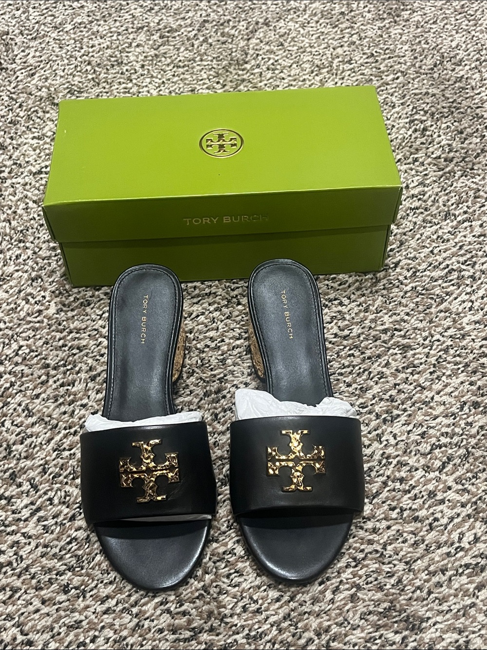 Tory Burch Black Leather Slide Mules with Gold Logo Hardware